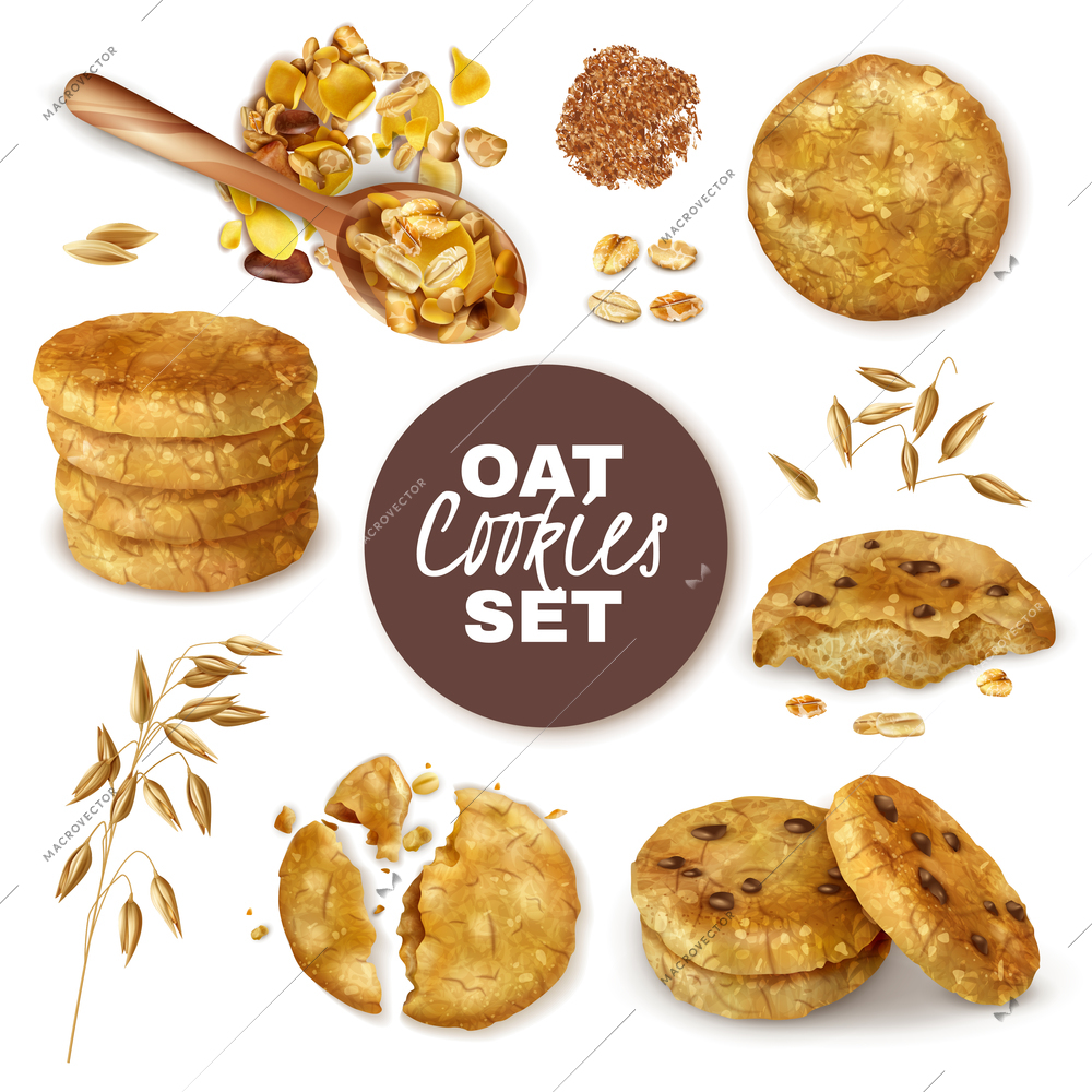 Whole and broken oatmeal cookies decorated with ears of oats realistic set isolated vector illustration