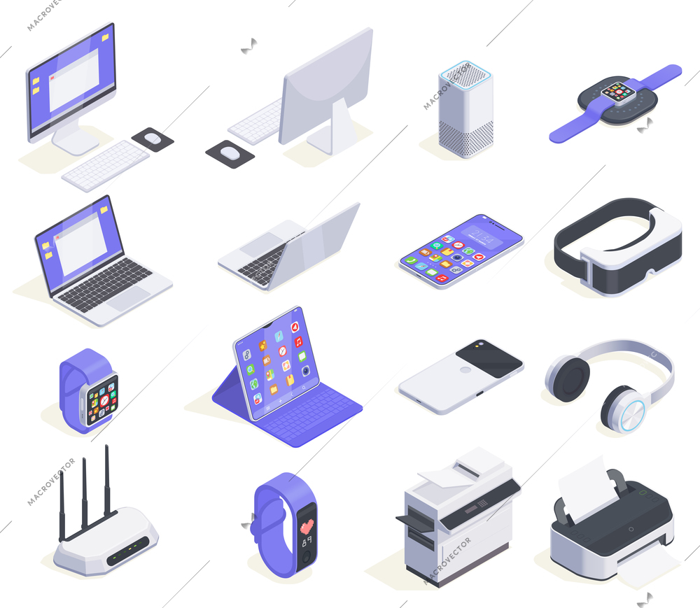 Modern devices isometric icons collection with sixteen isolated images of computers periphereals and various consumer electronics vector illustration