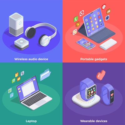 Modern devices isometric design concept with text and colourful images of smart watches and portable computers vector illustration