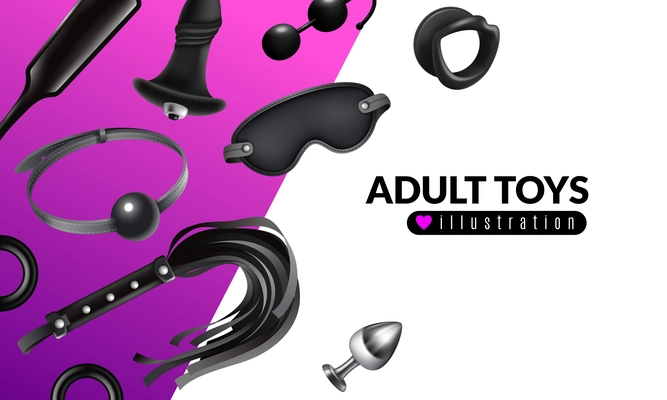 Adult toys illustration with fetish stuff for role playing and bdsm set realistic vector illustration