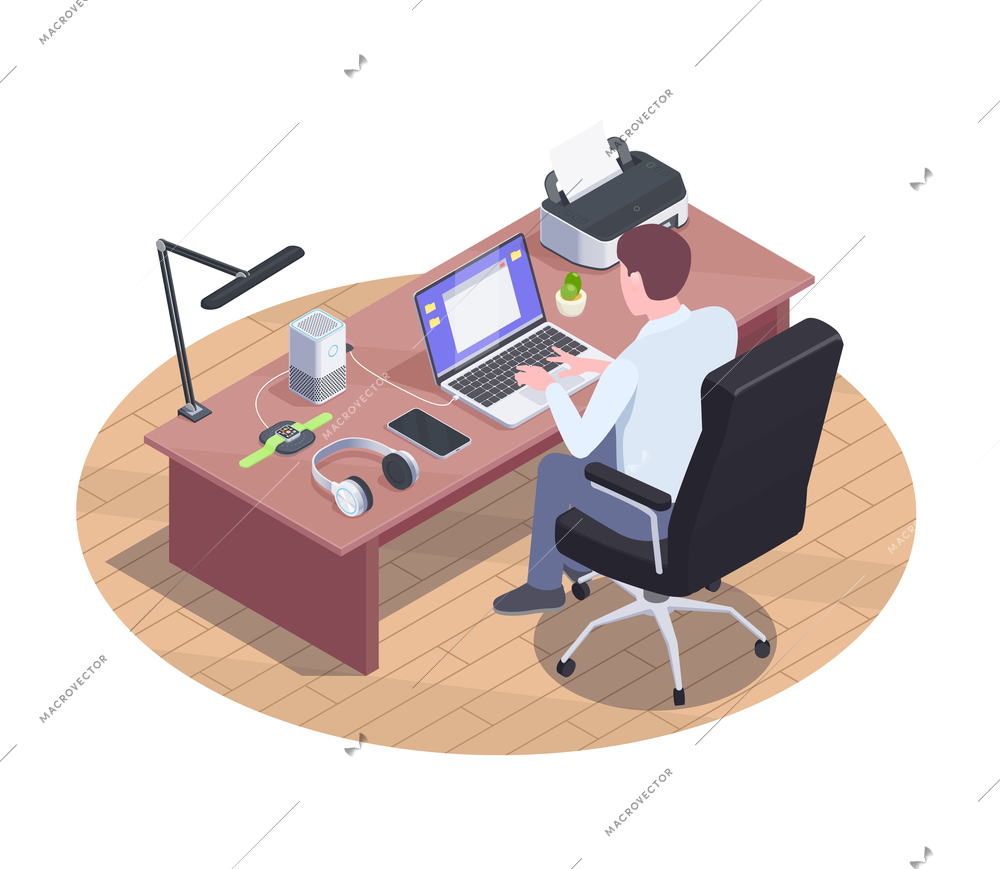 Modern devices composition with isometric image of modern workplace with lots of smart gadgets on table vector illustration