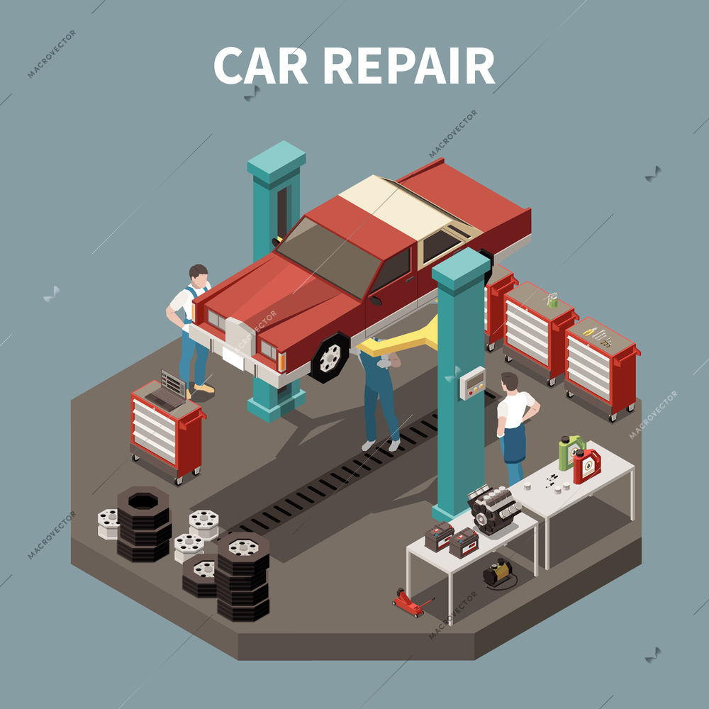 Isometric and isolated car service concept with car repair description work environment vector illustration