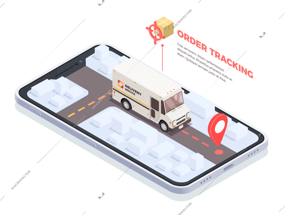 Delivery logistics shipment isometric conceptual composition with smartphone screen and delivery truck with parcels and text vector illustration