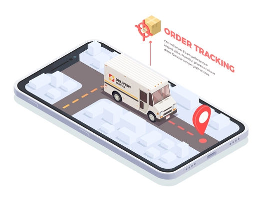 Delivery logistics shipment isometric conceptual composition with smartphone screen and delivery truck with parcels and text vector illustration