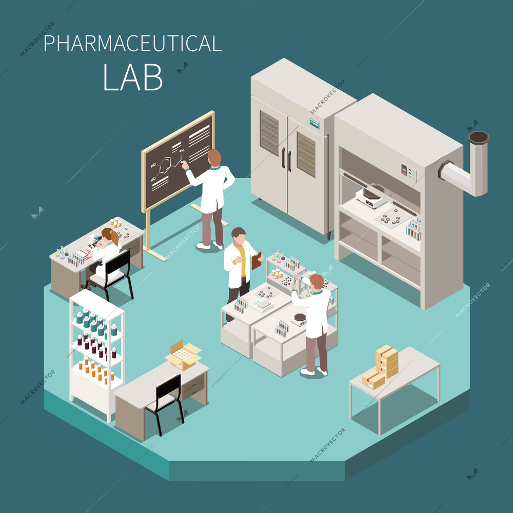 Pharmaceutical production isometric composition with pharmaceutical lab headline and three scientist in the lab vector illustration