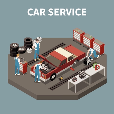 Isometric and isolated car service composition with two workers and car repair vector illustration