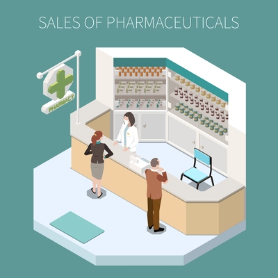 Isolated pharmaceutical production composition with sales of pharmaceuticals headline and pharmacy corner vector illustration