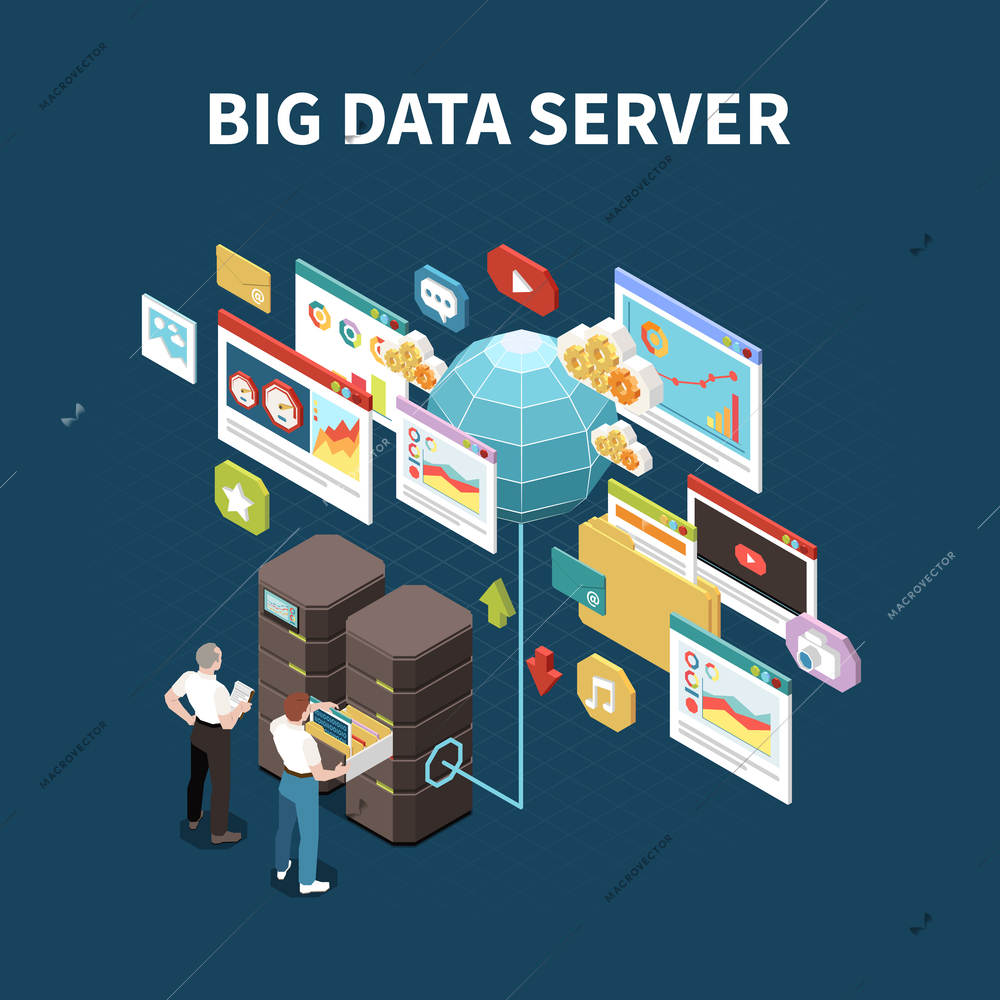 Big data analytics isolated composition with dig data server headline and elements of cloud storage vector illustration