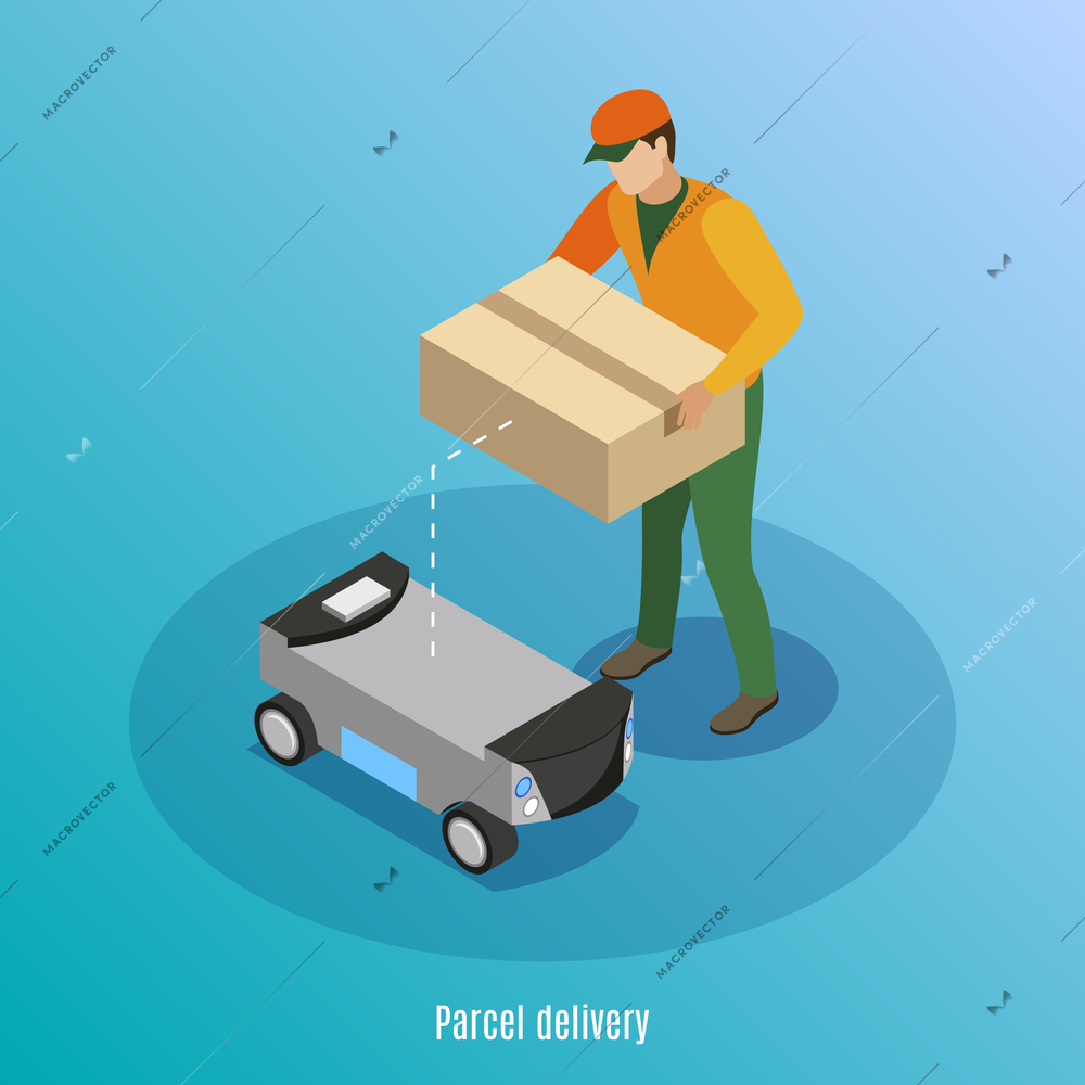 Parcel delivery isometric background with male worker loading box with goods in robotic self drive car vector illustration