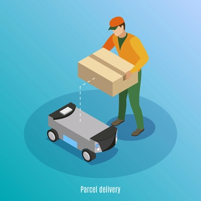 Parcel delivery isometric background with male worker loading box with goods in robotic self drive car vector illustration