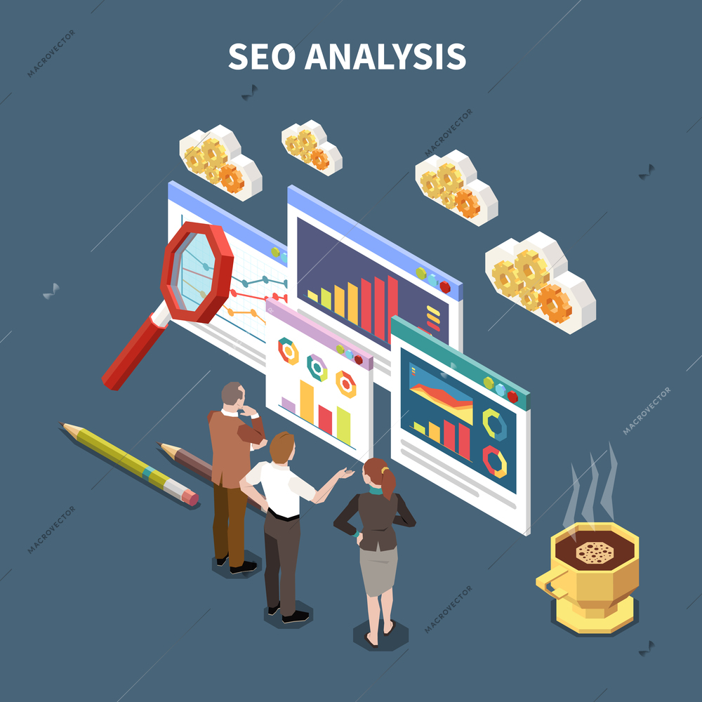 Isometric web SEO composition with seo analysis headline and three colleagues look on abstract statistics and graphs vector illustration