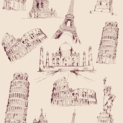 World landmark sketch seamless pattern with famous architecture culture buildings vector illustration