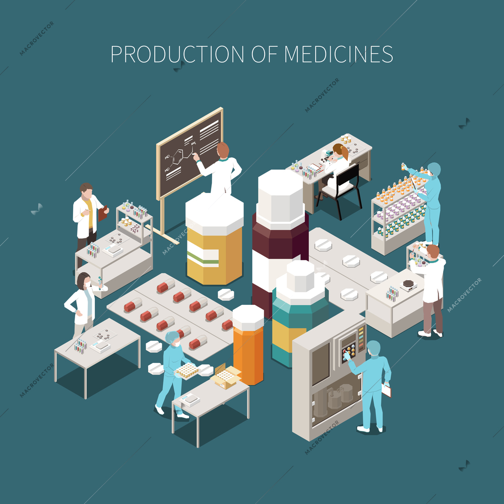 Colored isolated pharmaceutical production composition with production of medicines description and medical laboratory vector illustration