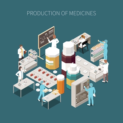 Colored isolated pharmaceutical production composition with production of medicines description and medical laboratory vector illustration