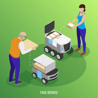 Food delivery isometric background with people loading boxes with pizza and sushi into self drive robotic cars  vector illustration