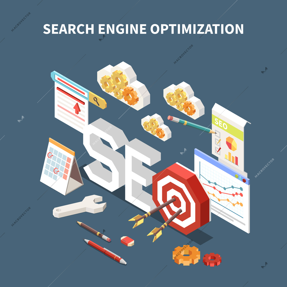 Isometric isolated web SEO composition with search engine optimization headline and different elements in the air vector illustration