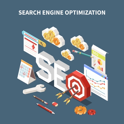 Isometric isolated web SEO composition with search engine optimization headline and different elements in the air vector illustration