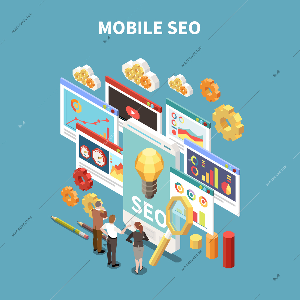 Web SEO isometric and colored composition with mobile seo description and business meeting or brainstorming situation vector illustration