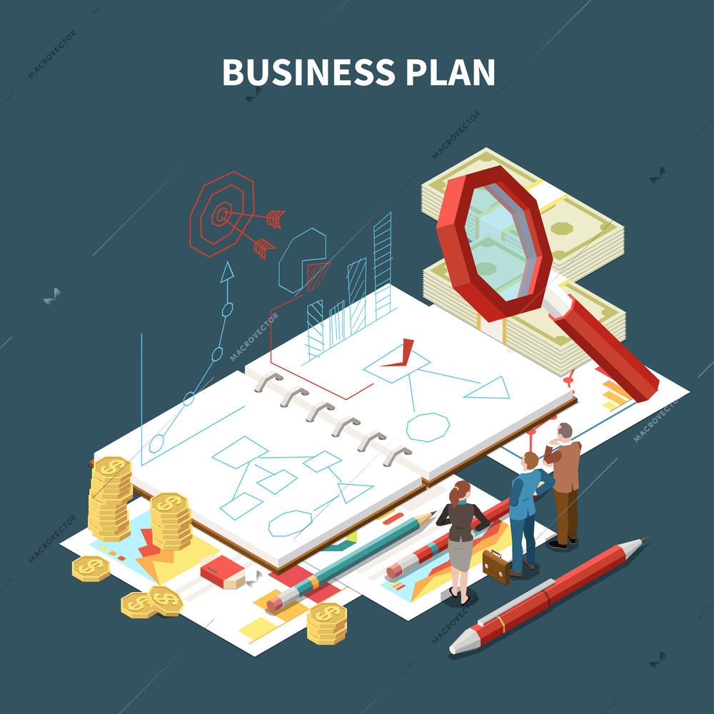 Isolated isometric business strategy composition with business plan description and abstract items vector illustration