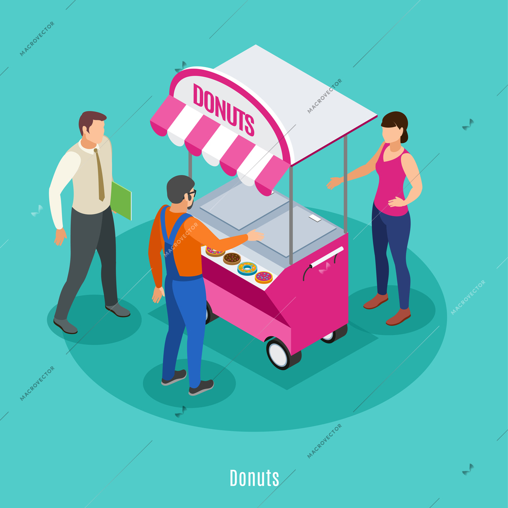 Street trading isometric background with female seller near food cart and two male persons buying donuts vector illustration