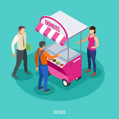 Street trading isometric background with female seller near food cart and two male persons buying donuts vector illustration