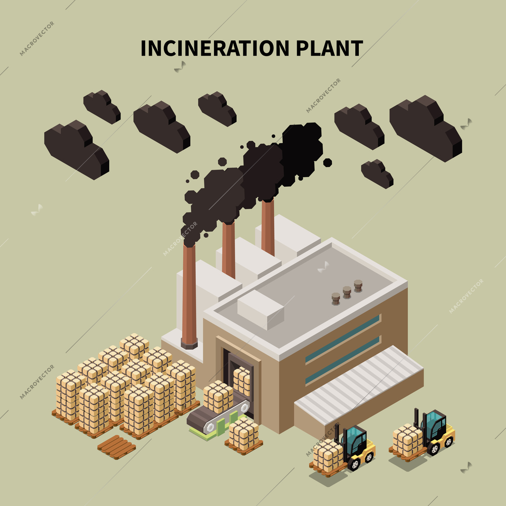 Colored garbage recycling composition with incineration plant headline and isolated warehouse building vector illustration