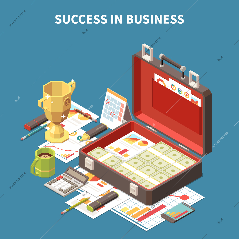 Business strategy isometric 3d composition success in business description and suitcase with dollar bills and personal stuff vector illustration