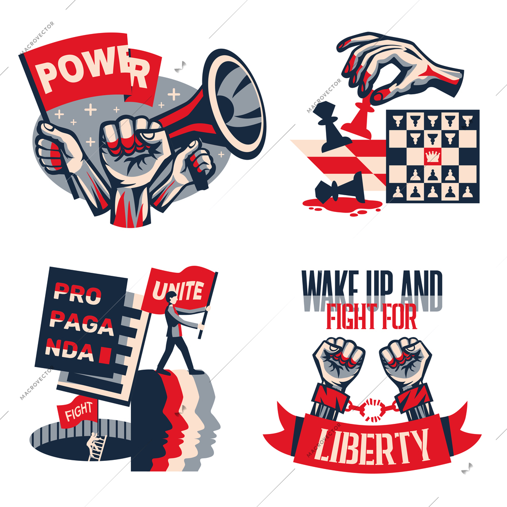 Revolution political slogans concept 4 vintage constructivist compositions set with calls unity liberty freedom isolated vector illustration