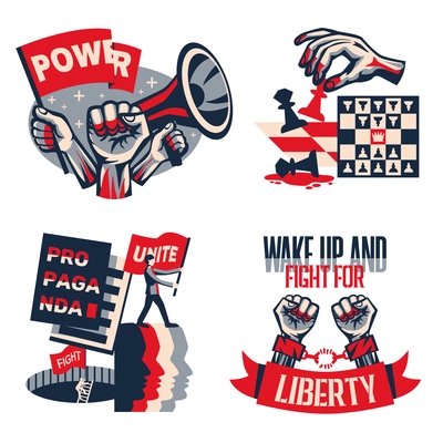 Revolution political slogans concept 4 vintage constructivist compositions set with calls unity liberty freedom isolated vector illustration