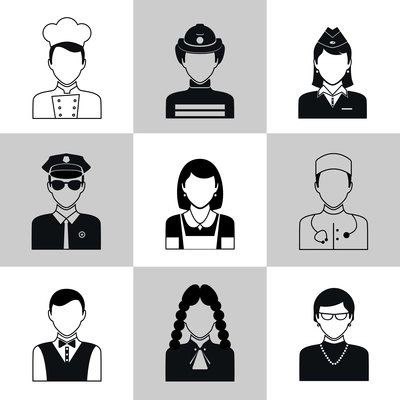 Avatar social network pictograms set of firefighter policeman judge nurse isolated vector illustration