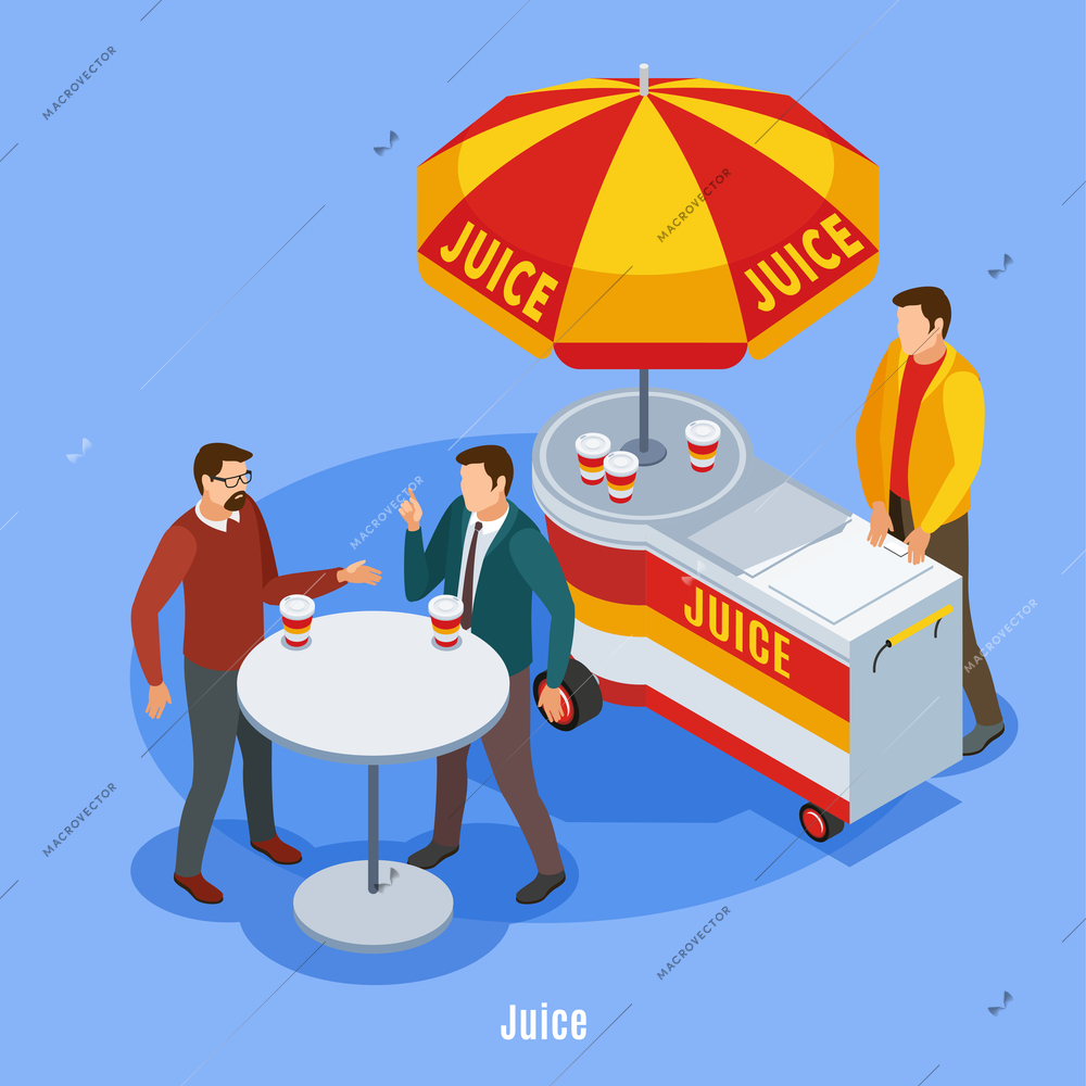 Street vending isometric background with stall under umbrella and two talking people drinking juice outdoors vector illustration