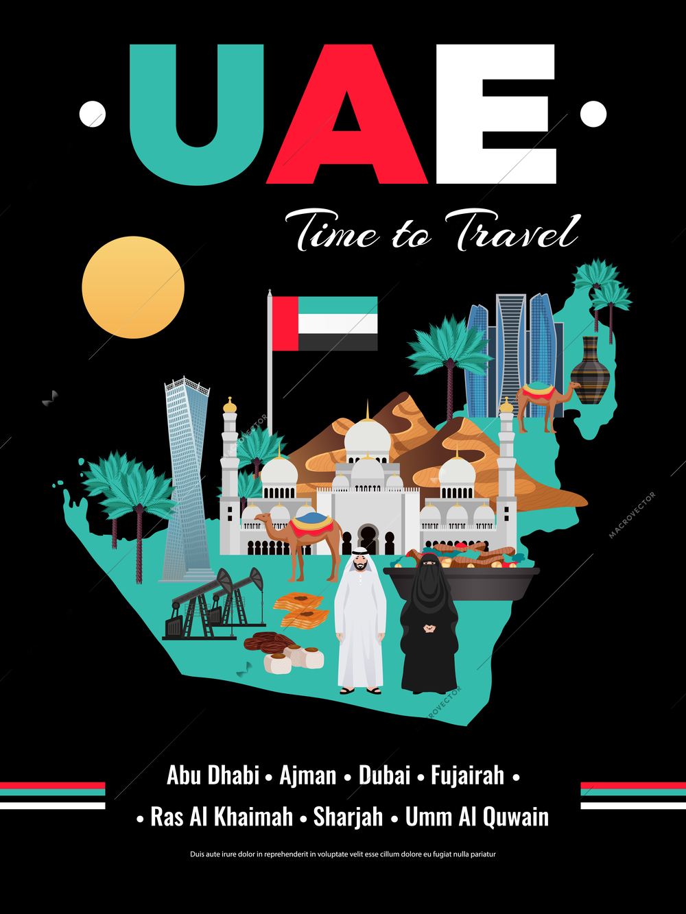 United arab emirates uae travel guide brochure leaflet cover colorful black background poster with map vector illustration