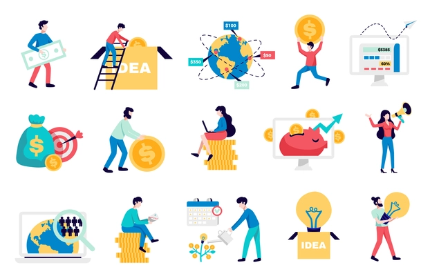 International crowdfunding money raising internet platforms for business startup nonprofit charity symbols flat icons collection vector illustration