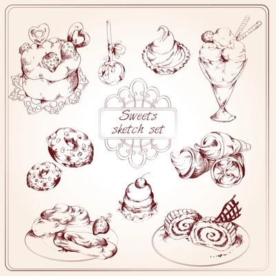 Food sweets bakery and pastry sketch set of ice cream candy cookies isolated vector illustration