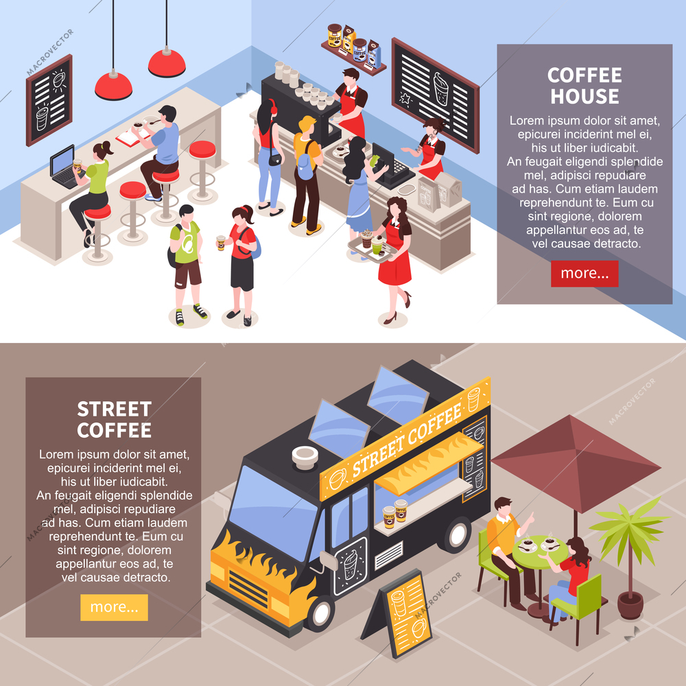 People having snack in coffee house indoors and outdoors isometric banners set 3d isolated vector illustration