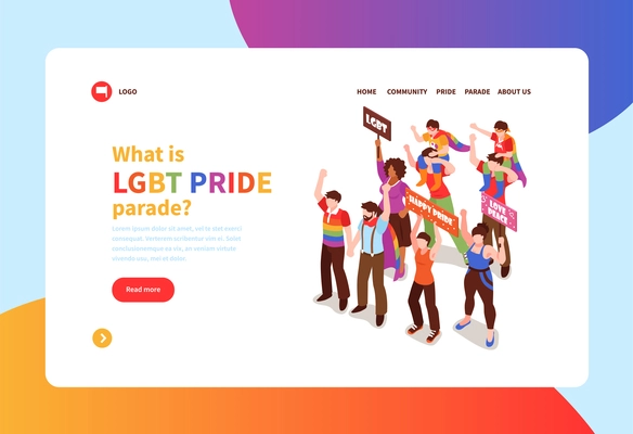 Isometric concept banner with people taking part in homosexual pride parade 3d vector illustration