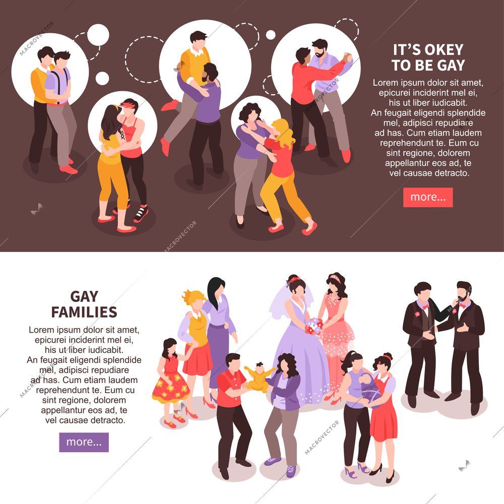 Isometric horizontal banners set with happy lgbt couples and families 3d isolated vector illustration