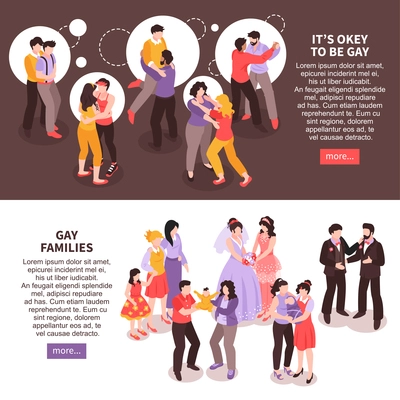 Isometric horizontal banners set with happy lgbt couples and families 3d isolated vector illustration