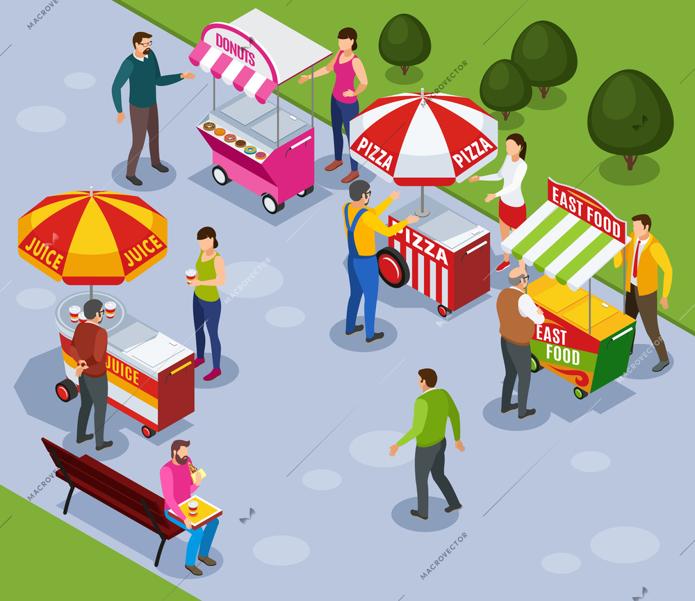 Street vending carts isometric composition with people buying fast food in city park vector illustration