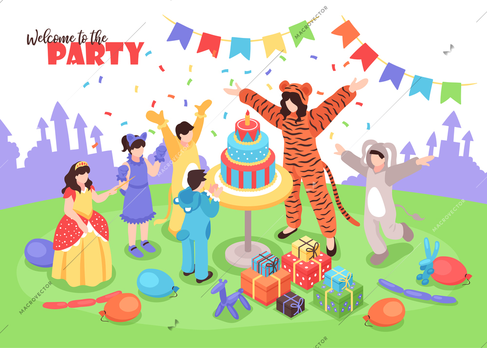 Children in costumes having fun at birthday party with female animator 3d isometric vector illustration