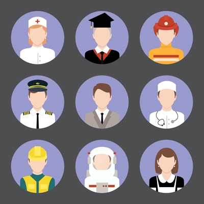 Avatar business users flat icons set of graduate student engineer astronaut isolated vector illustration