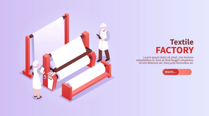 Isometric horizontal banner with textile factory workers and equipment 3d vector illustration