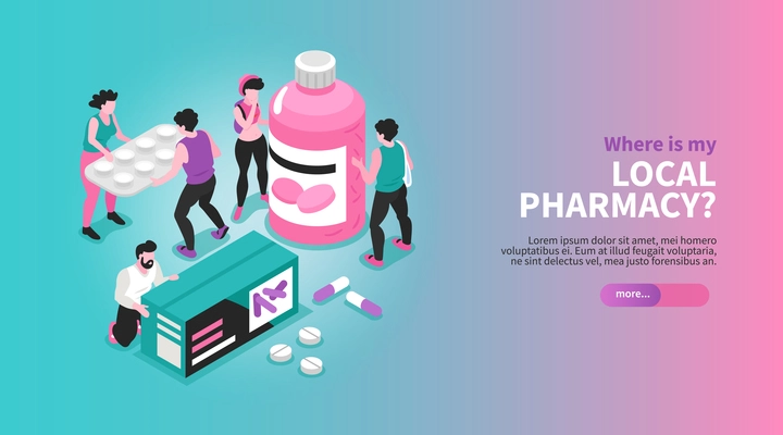 Isometric horizontal pharmacy banner with people holding drug packages concept 3d vector illustration