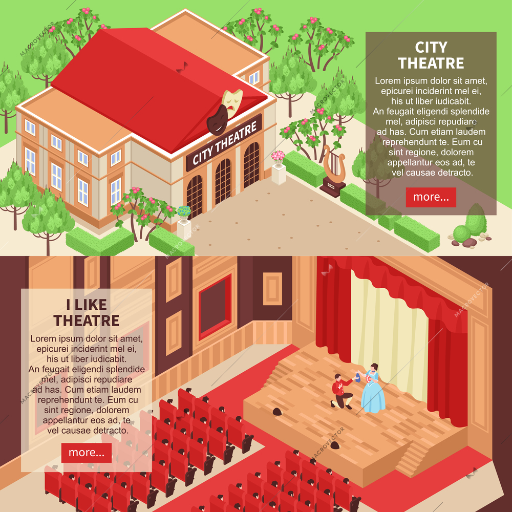 Set of two horizontal isometric banners with city theatre building and actors on stage 3d isolated vector illustration