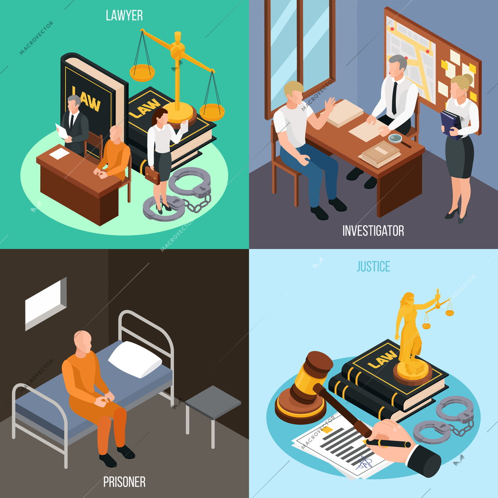 Law justice 4 isometric concept compositions with investigation convict prison cell court proceedings accessories isolated vector illustration