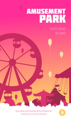 Amusement park poster with ferris wheel carousel and circus tent silhouettes at sunset background vector illustration