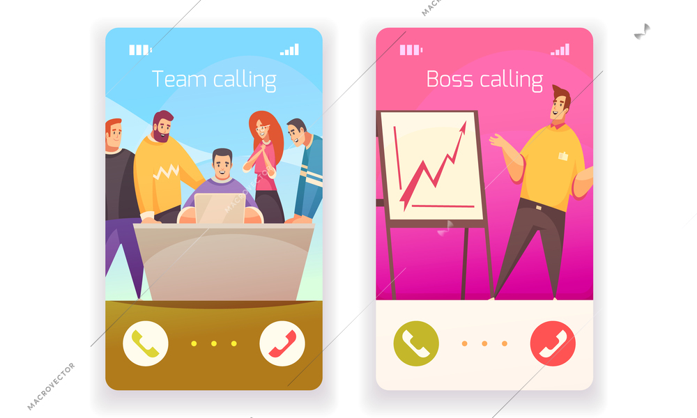 Coworking flat design concept with two smartphones symbolizing call to boss or creative team isolated vector illustration