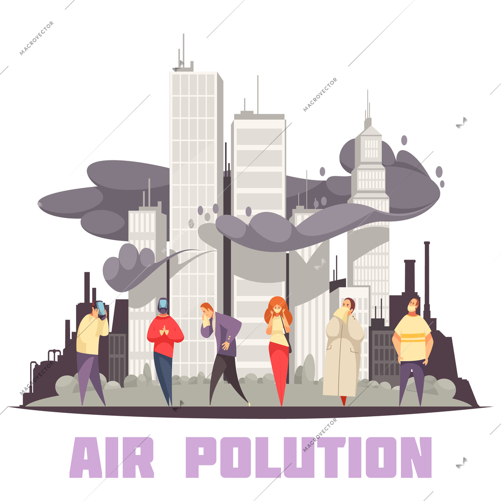 Air pollution design concept with people at city skyscrapers shrouded in smog of industrial emissions vector illustration