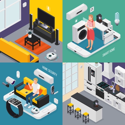 Smart home concept 4 isometric compositions with kitchen bathroom tv iot smartphone smartwatch controlled devices vector illustration