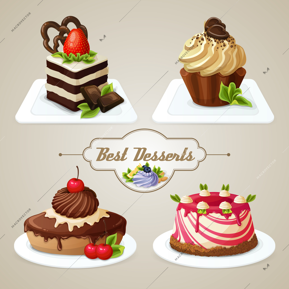 Decorative sweets desserts set with shortcrust sponge cake and pudding isolated vector illustration.